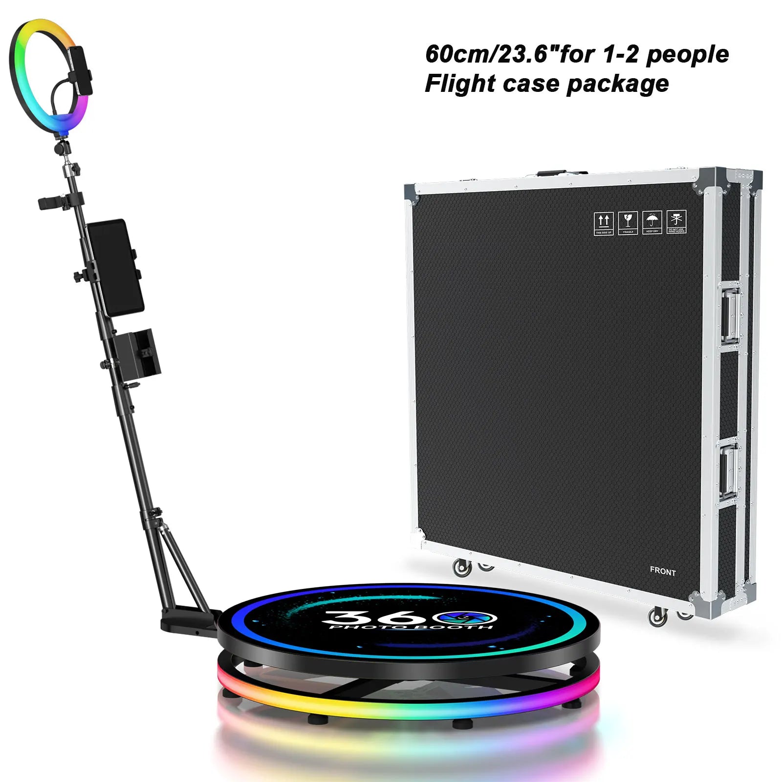 360 Photo Booth Rotating Platform with RGB Ring Light – Selfie Spinner Photobooth for Parties, Weddings & Events, Flight Case Included