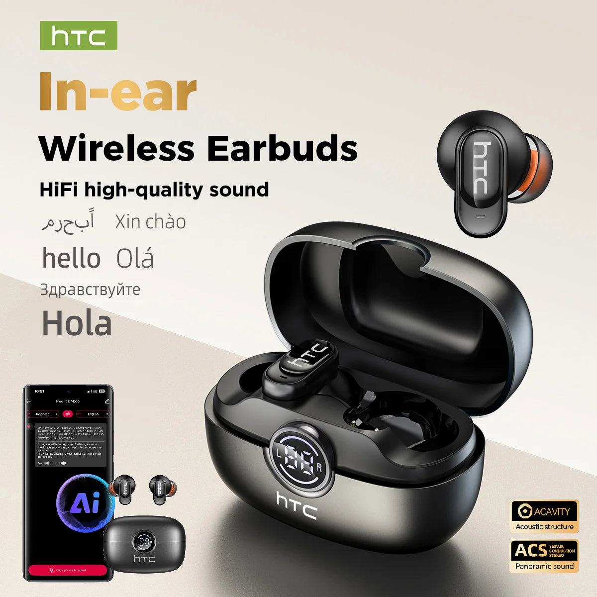 HTC NE79 TWS Wireless Bluetooth Earphones: AI Translator Earbuds Noise Cancellation Long Battery Life Premium Audio Headphones
