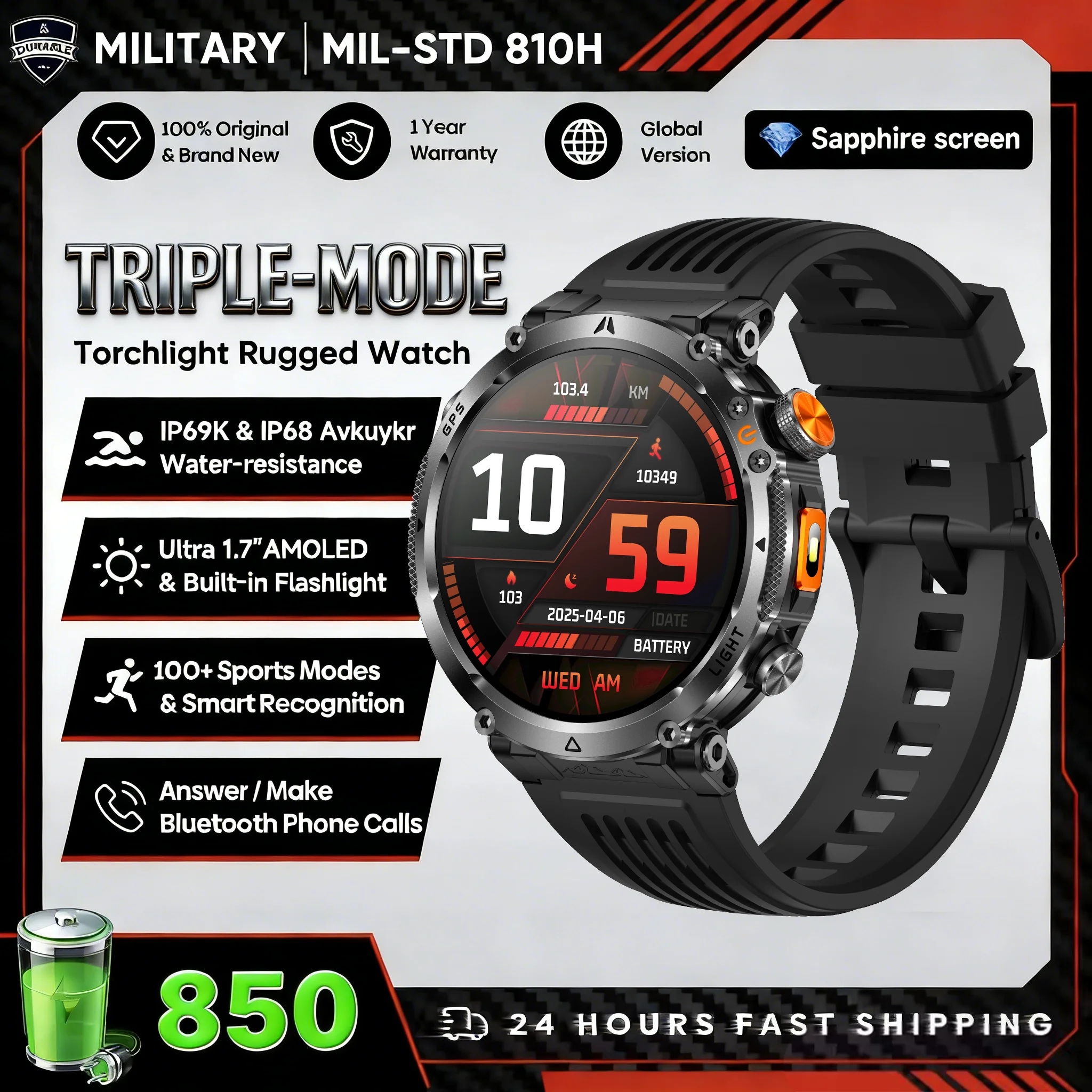 2026 New Military GPS Sports Smart Watch Men Compass 3ATM Waterproof Swim Fitness Tracker AMOLED HD SmartWatches 850Mah Battery