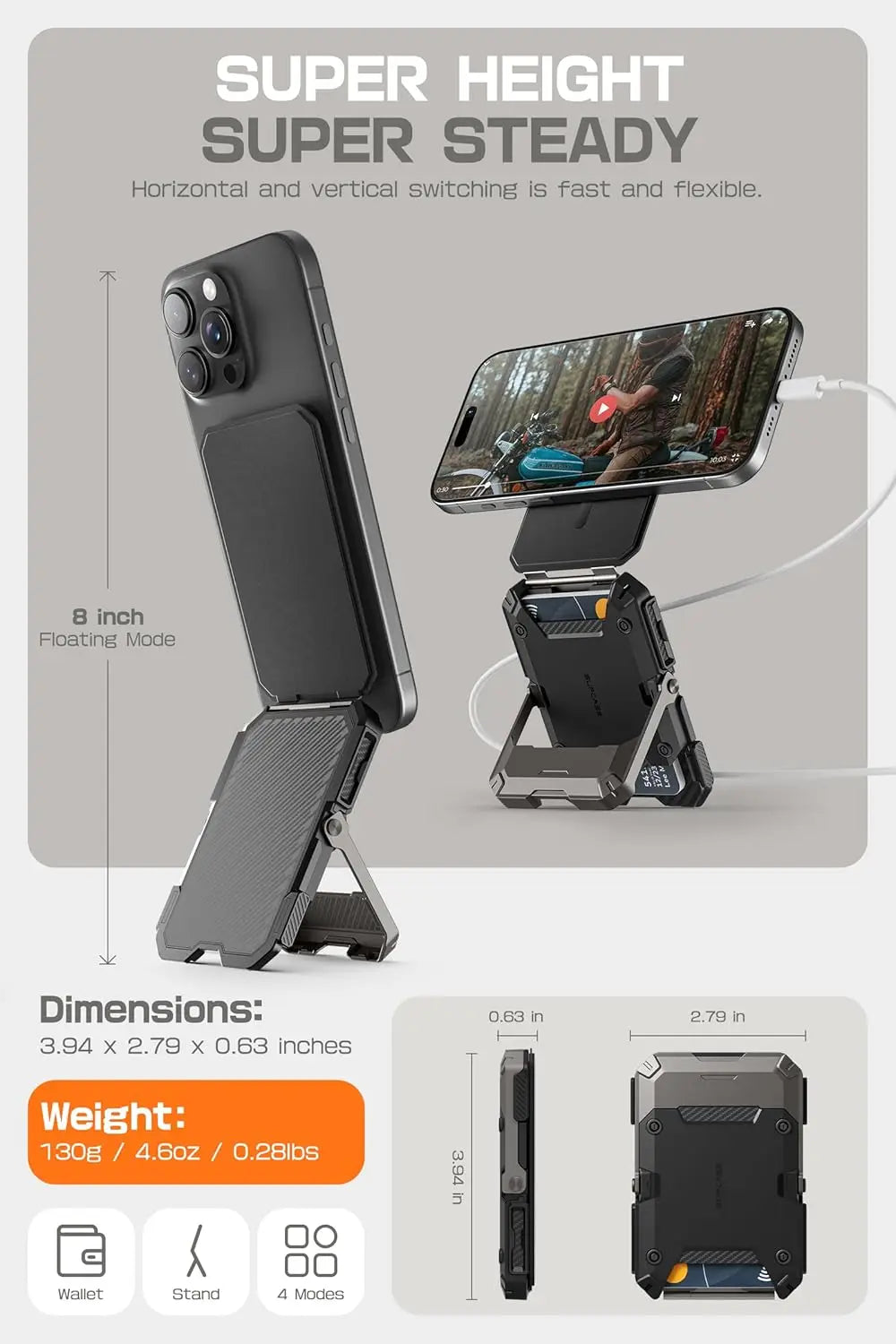 Black Magnetic Wallet Stand for iPhone 17/16/15/14/13/12 Series Holds 5 Cards Adjustable Tripod with RFID Blocking