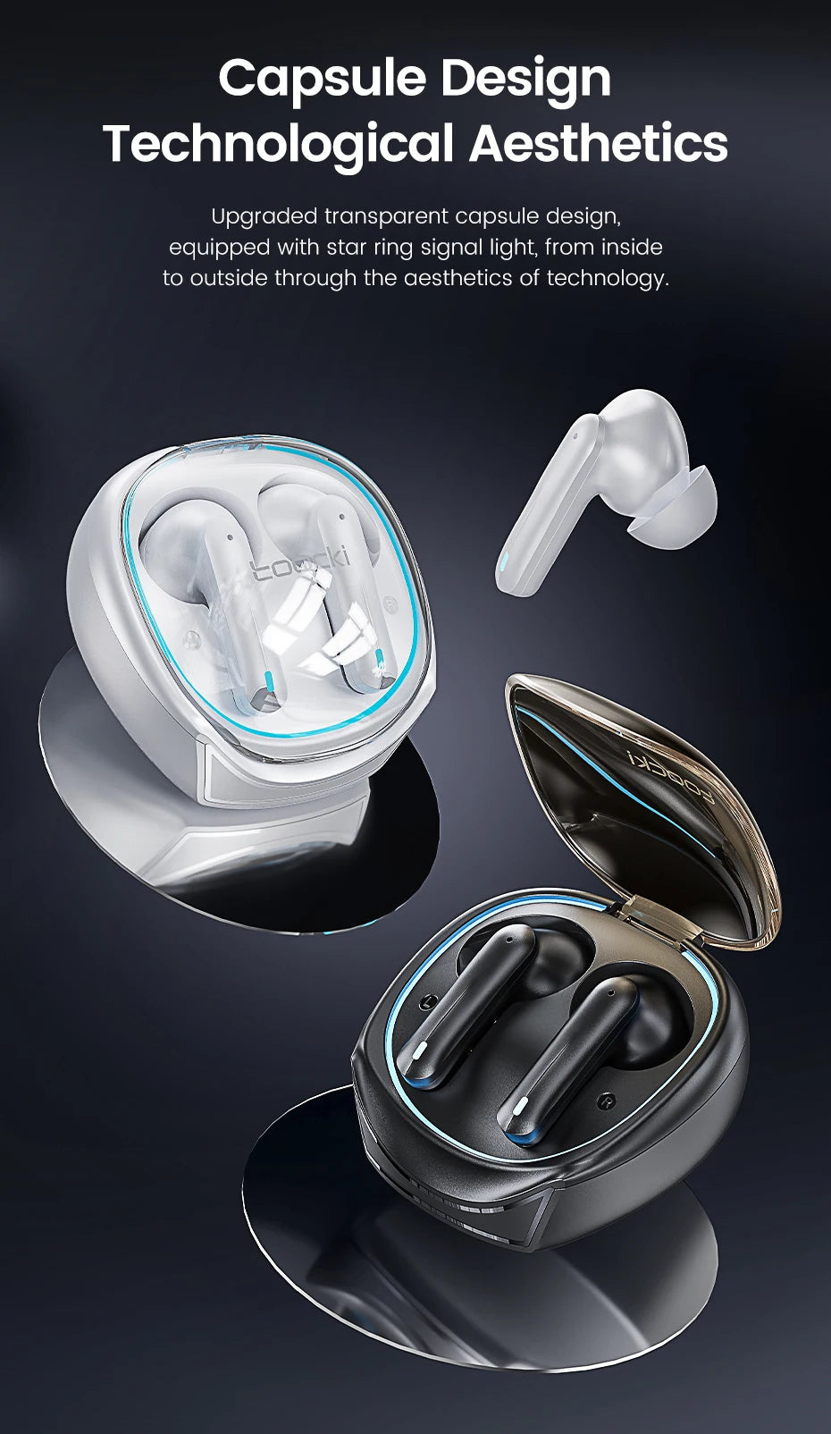 Toocki TWS Wireless Headphones Bluetooth 5.3 LED Dislpaly 35ms Gaming Low Latency Earphones Waterproof Headset Transparency Mode