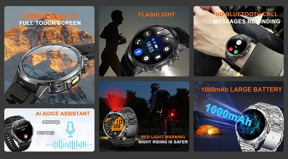 MEVADEN 1.85 inch Steel Smart Watch Men Bluetooth Call Smartwatch Sports Flashlight 1000mAh Health Monitor Watch for Male MD60