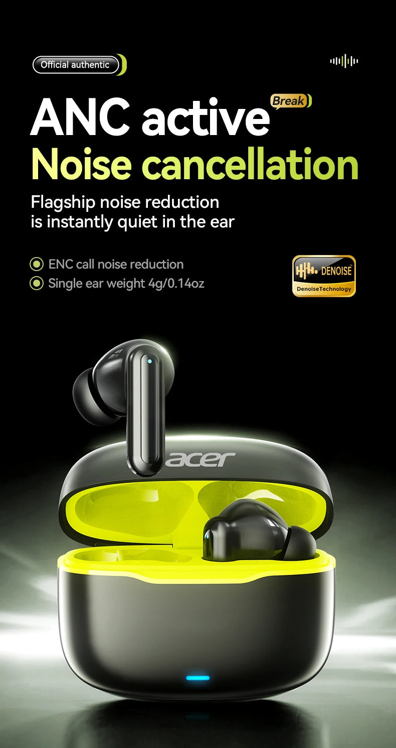 Acer In-Ear Wireless Bluetooth Headphones with Anc Active Noise Reduction, Hd Calls, Dolby Surround Sound, Large Battery, Long Battery Life, No Delay for Music and Games, Suitable for Sports, Running, and Fitness Use