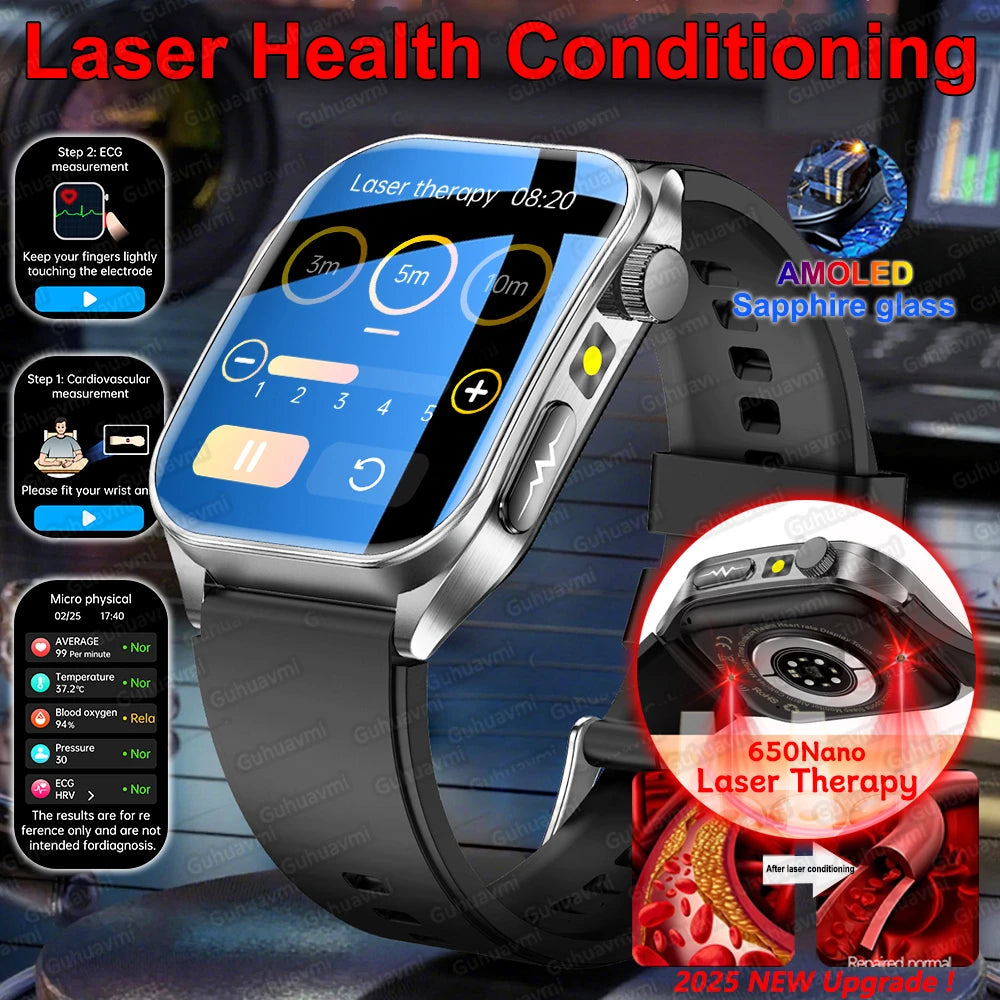New Laser Treatment Three High Smart Watch Men ECG Heart Rate Uric Acid Health Tracker 1.95 inches Sapphire Glass SmartBracelet