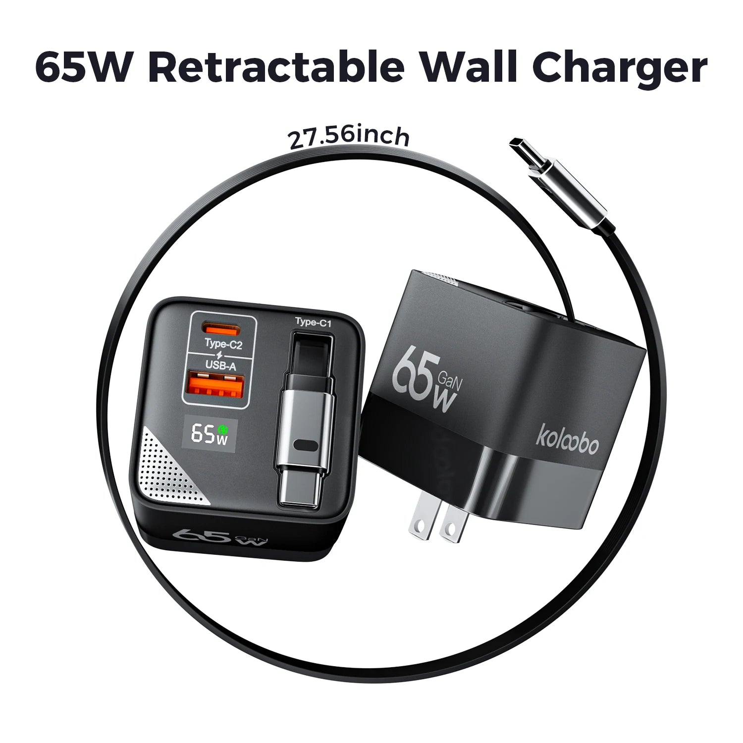 CrownQu 65W GaN Fast Charger with Retractable Type-C Cable