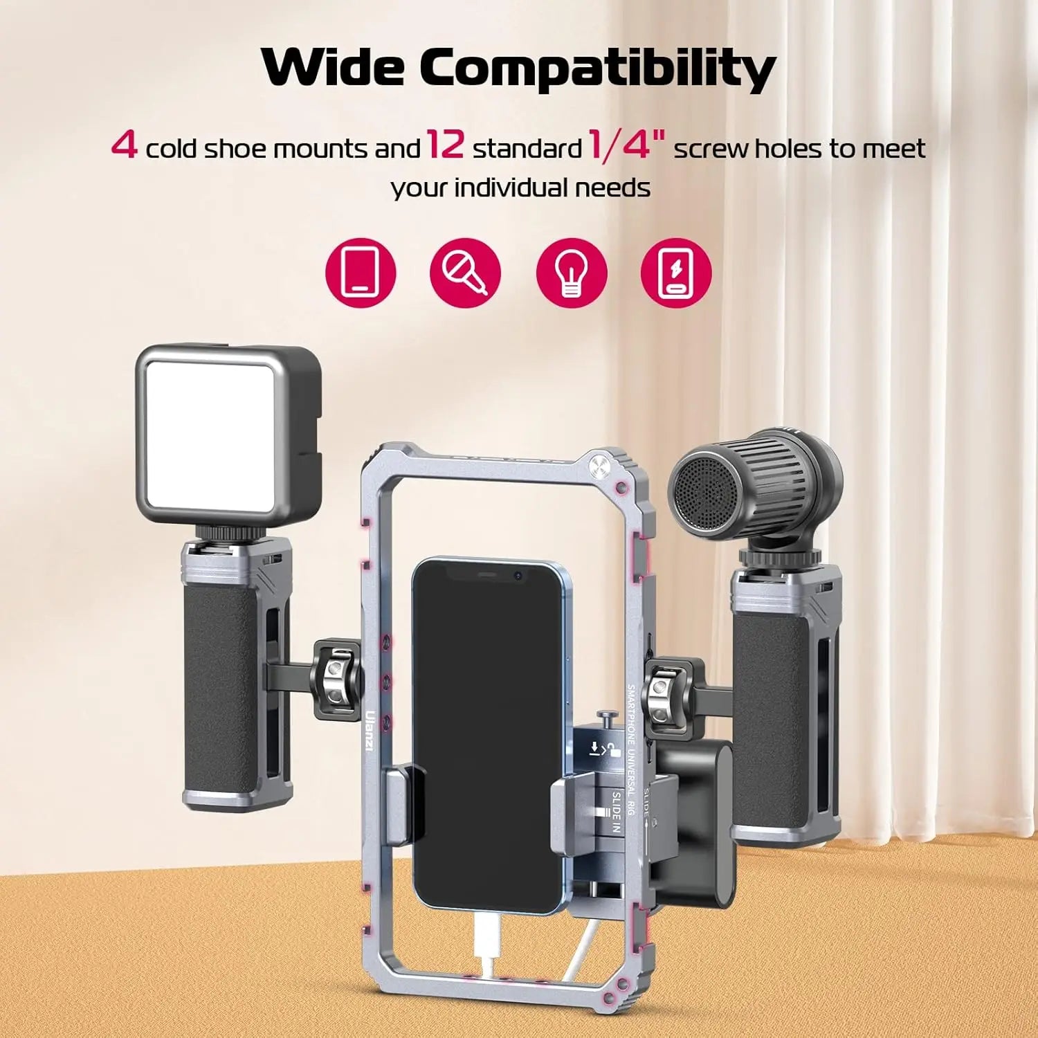 Universal Phone Video Rig Kit with Dual Handles Aluminum Stabilizer Grip for iPhone 16 to 8 plus Cold Shoe Mount