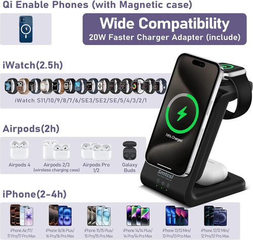 3-in-1 Wireless Charging Station with 10000mAh Detachable Power Bank – Portable Magnetic Charger for Phone, Watch & AirPods with Stand.