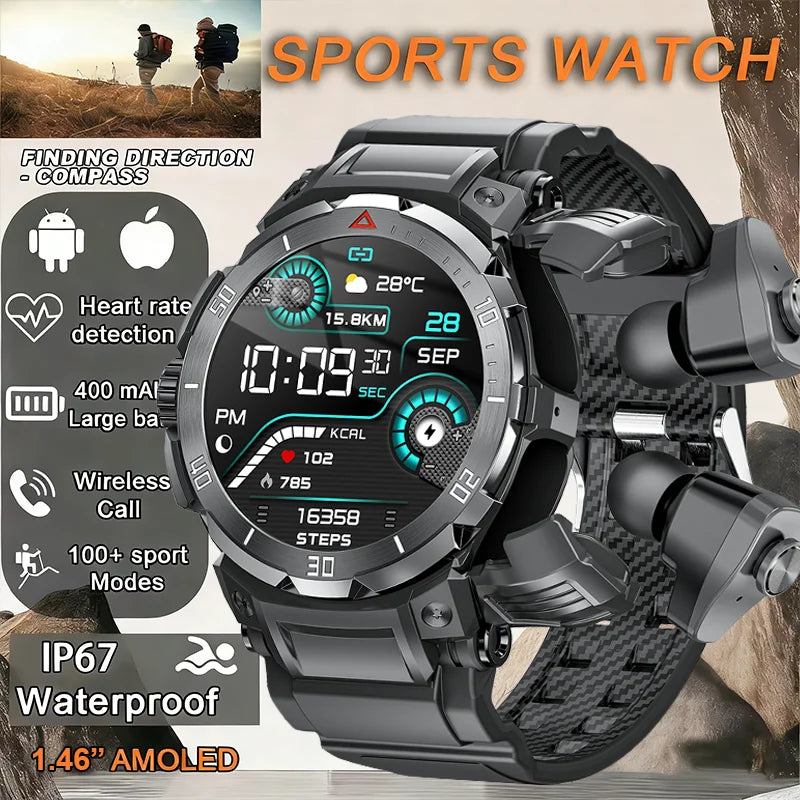 New 3 in 1 Smart Watch for Men With TWS Headset Rugged Military Bluetooth Call Fitness Tracker IP67 Waterproof for Android iOS