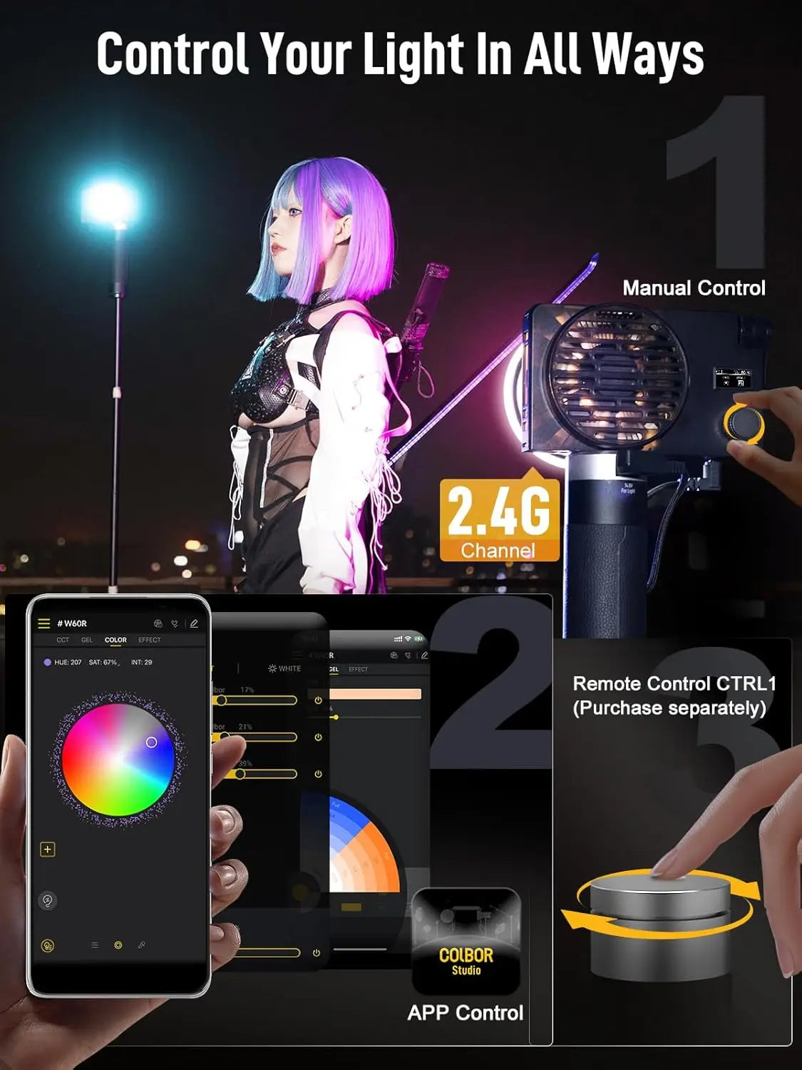 COLBOR W60/W60R/W100/W100R COB LED Video Light – 60W/100W Portable Photography Lighting, Handheld Pocket Fill Light for Outdoor Shooting