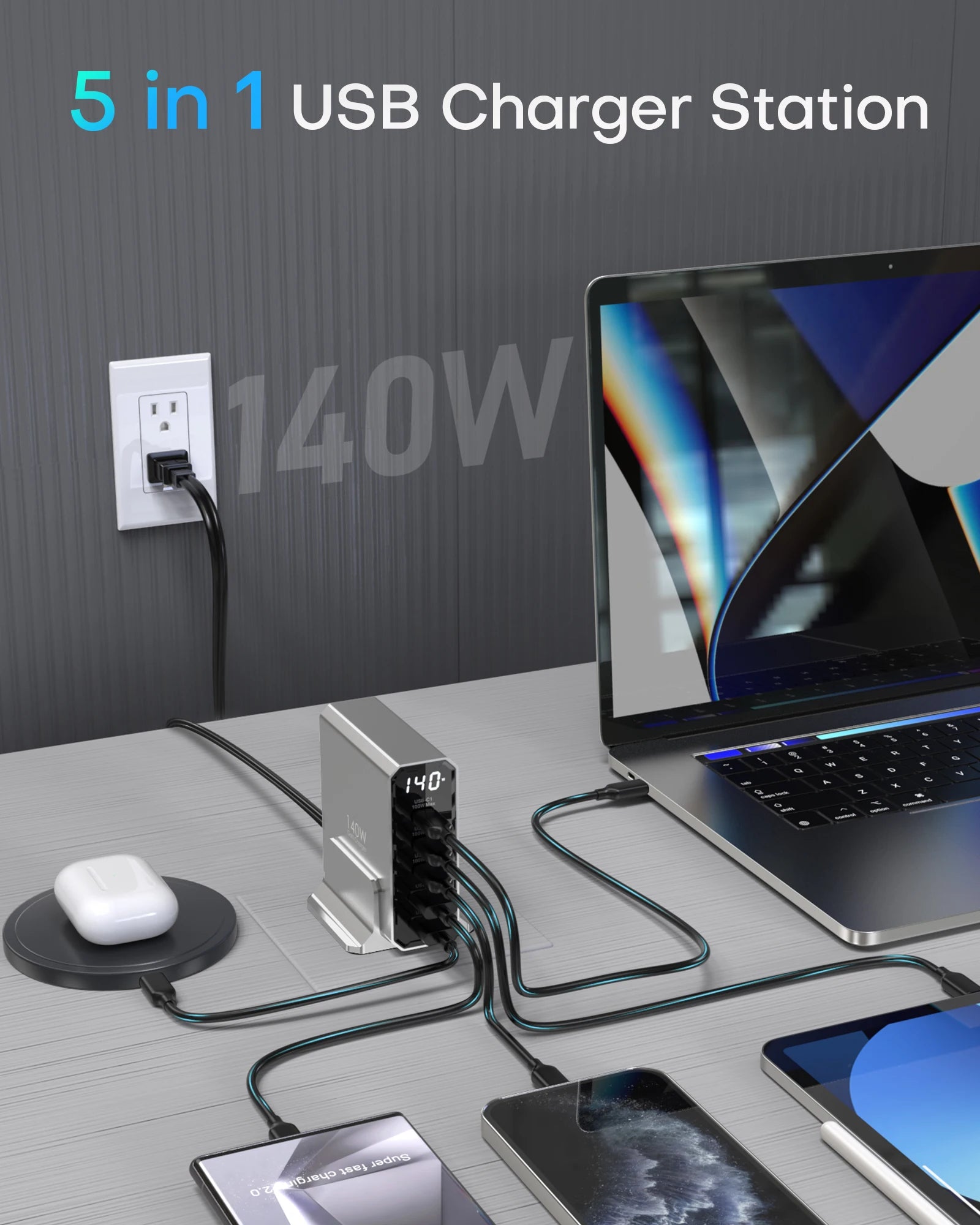 140W USB C 5-Ports Charging Station with Display