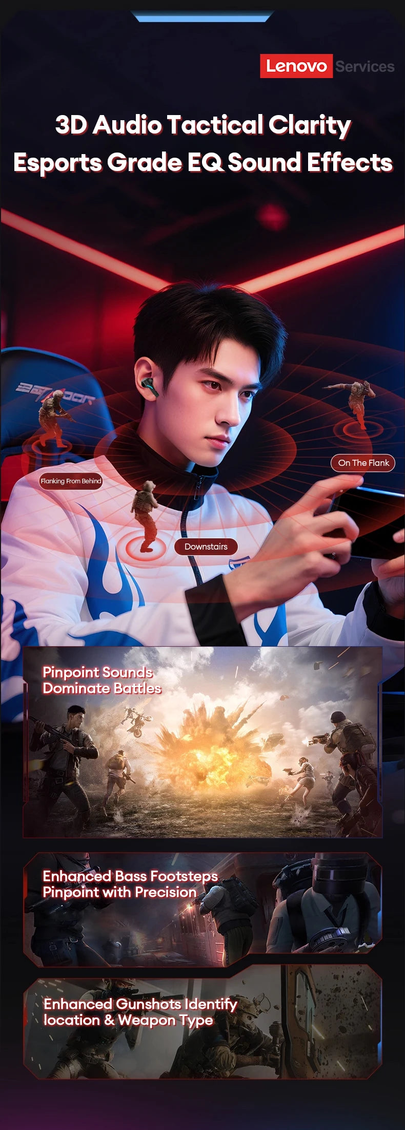Lenovo Gaming Headset Bluetooth 6.0 Wireless Earphones Low Latency Noise Reduction Esports Headphone Waterproof 24H Battery Life