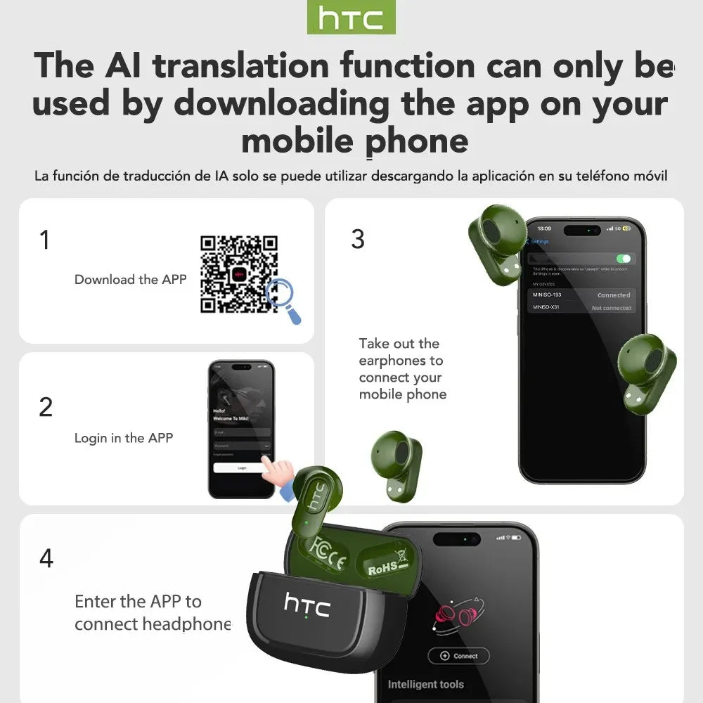 HTC NE51 Bluetooth Earphones TWS Sport Wireless Headphones Long Life with Mic In-Ear Earbuds AI Translator Earbuds