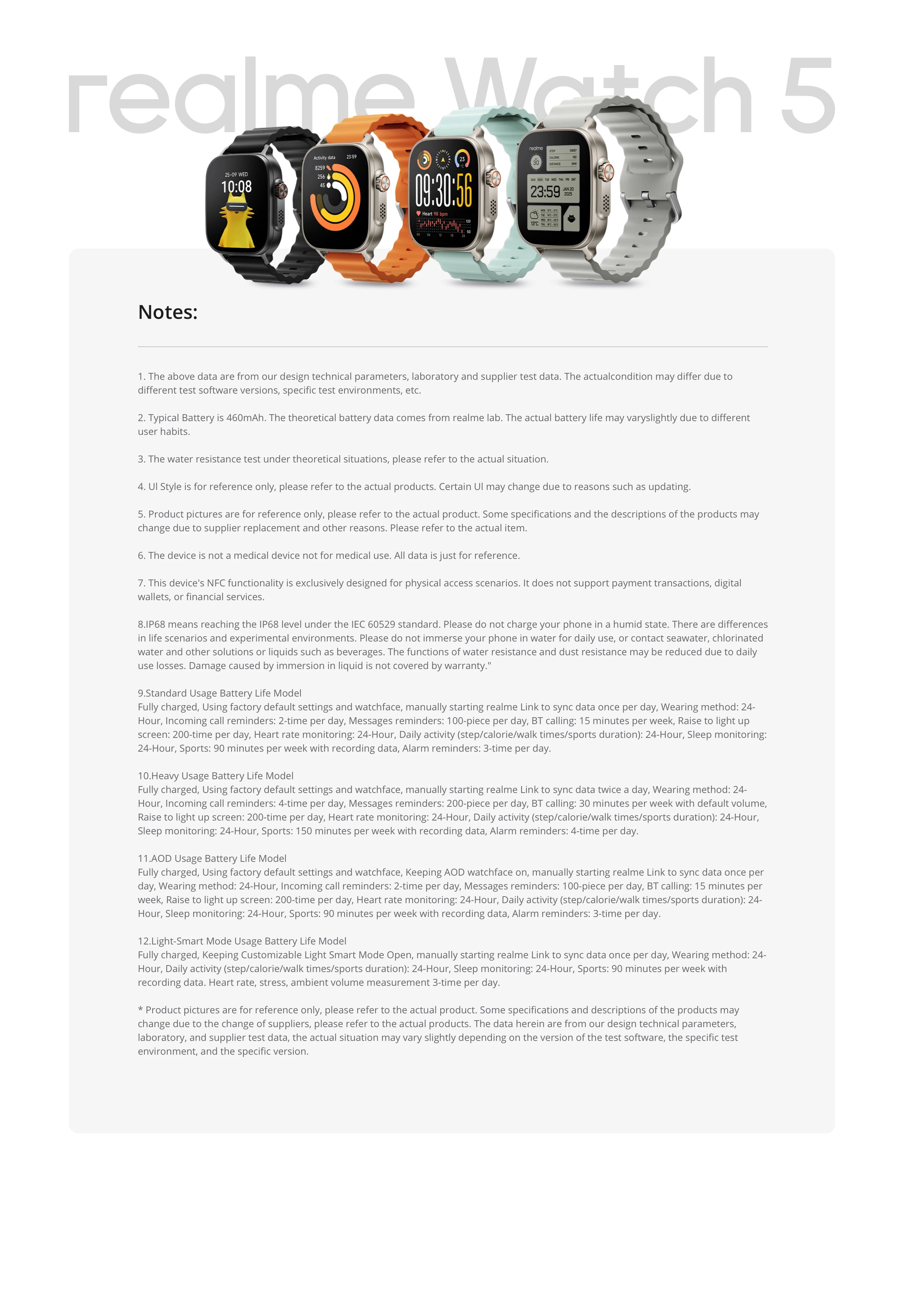 Global Version realme watch 5 1.97" 600nits AMOLED 460mAh 14-Day Battery Life 300+ Themes Support GPS GNSS IP68 waterproof