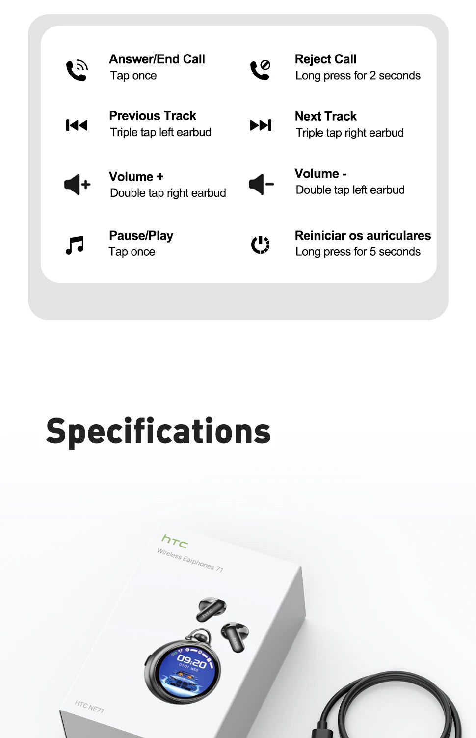 Ai Translation Smart Assistant HTC NE71 Wireless Bluetooth Earphones Headphones Full HD LCD Display Headset Music Sports Earbuds