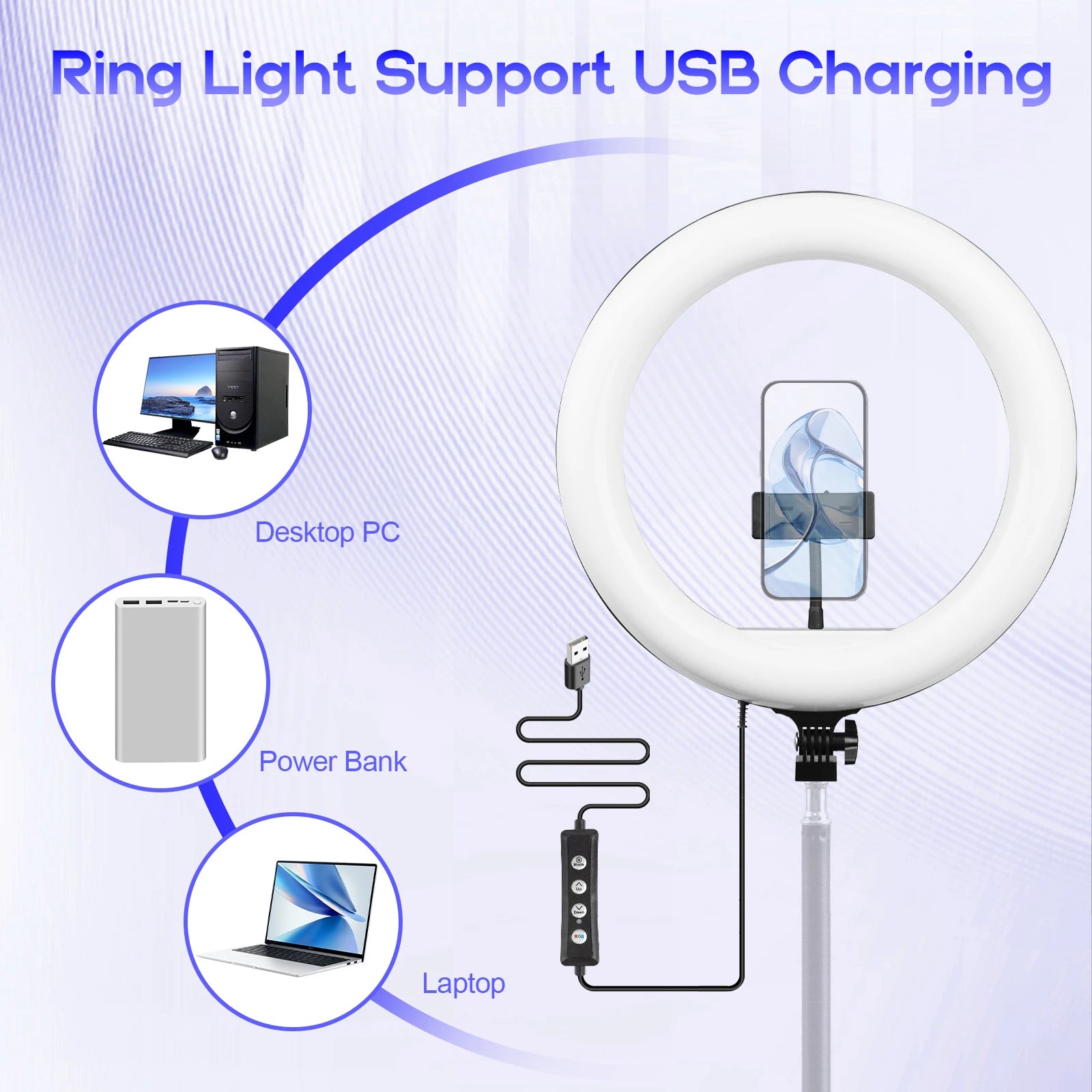 12' RGB Ring Light with Handle And Tripod 360° Rotatable Phone Clip 101 Color Modes Wired Control for Mobile Streaming