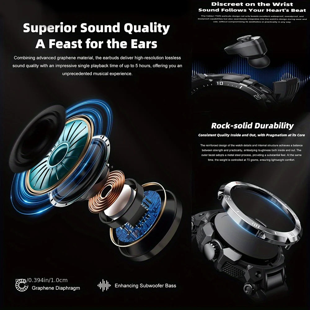 New 3 in 1 Smart Watch for Men With TWS Headset Rugged Military Bluetooth Call Fitness Tracker IP67 Waterproof for Android iOS