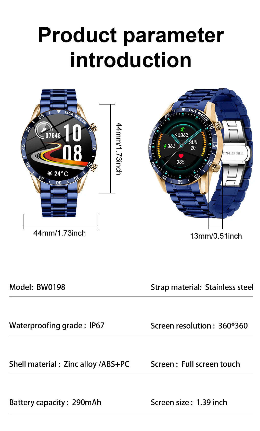 LIGE Men's Fashion Smart Watch Full Touch Bluetooth Call Waterproof Sport Fitness Tracker Luxury Steel Band Smartwatch for Adults