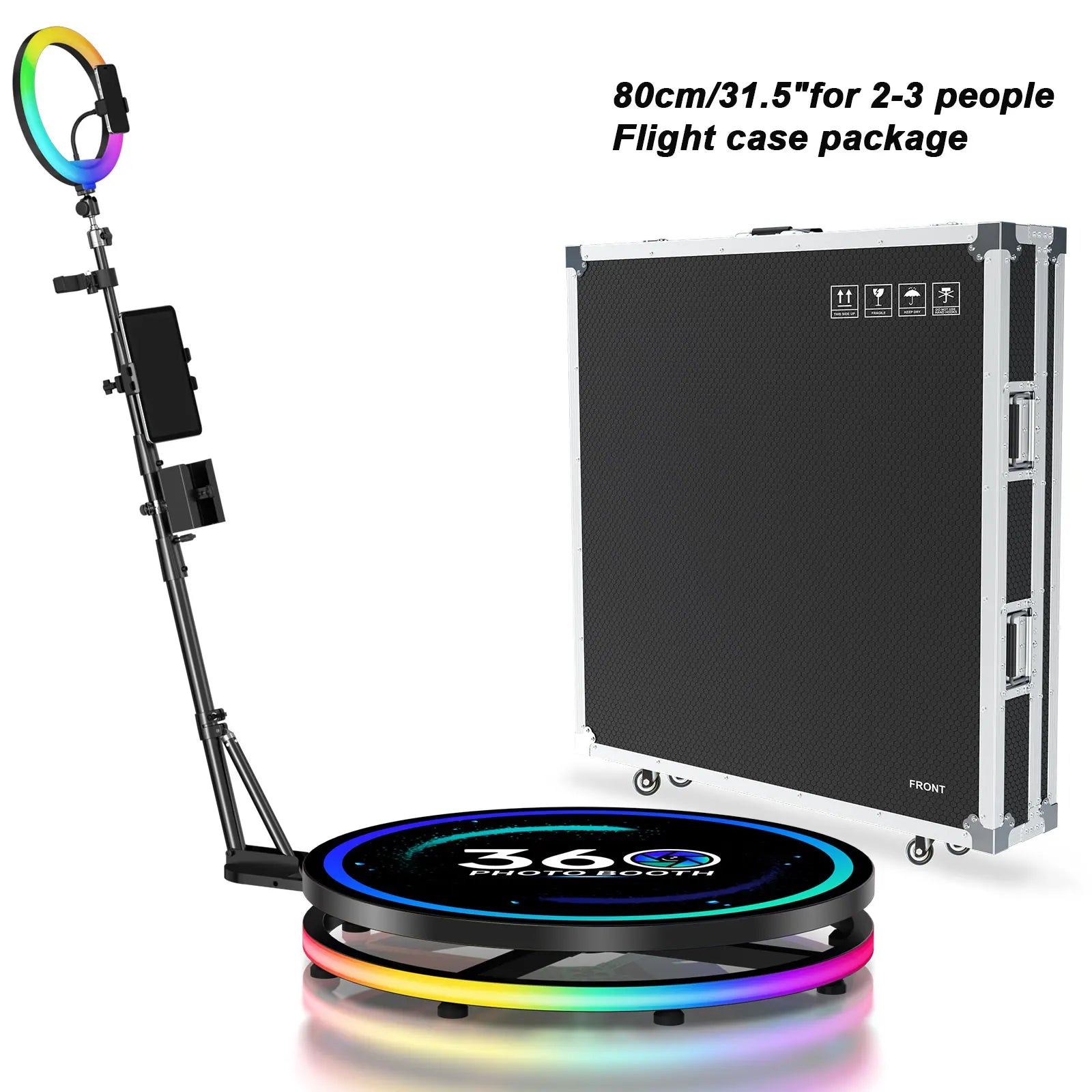 360 Photo Booth Rotating Platform with RGB Ring Light – Selfie Spinner Photobooth for Parties, Weddings & Events, Flight Case Included