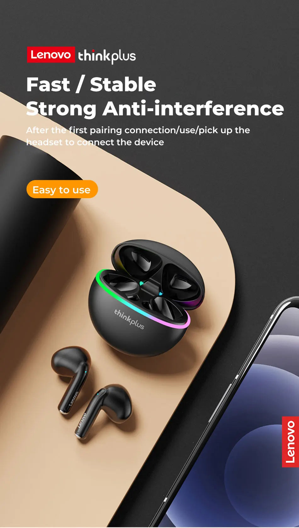 Lenovo XT97 Bluetooth Wireless Headphones With Flash Led Light  Bluetooth Earphone Wireless Earbuds Headsets With Microphones