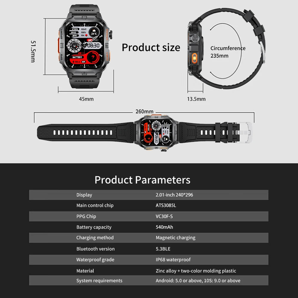 2.01-HD AMOLED GPS Smart Watch 3ATM Waterproof Built-in Dual-band GNSS Altitude Compass Military Sport Smartwatch Men 2025 New