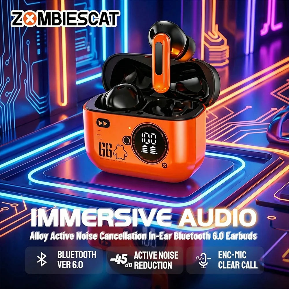 Zombies Cat Alloy ANC Headphones Bluetooth 6.0 -45dB Active Noise Cancellation Earbuds Powerful Deep Bass TWS Wireless Earphones