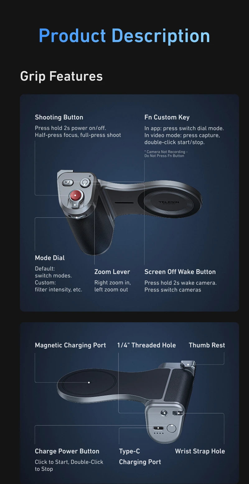 TELESIN Master Grip Set for iPhone 17 pro pro Max - Magnetic Phone Holder with 3200mAh Power Bank & Wireless Charging Hand Grip