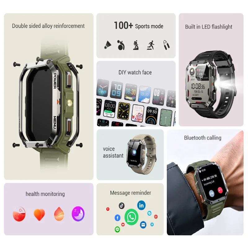 2025 New W70 Pro Outdoor Smartwatch 900mAh 2.01'' TFT HD Screen Waterproof Women Men Watches with Emergency Lighting Compass
