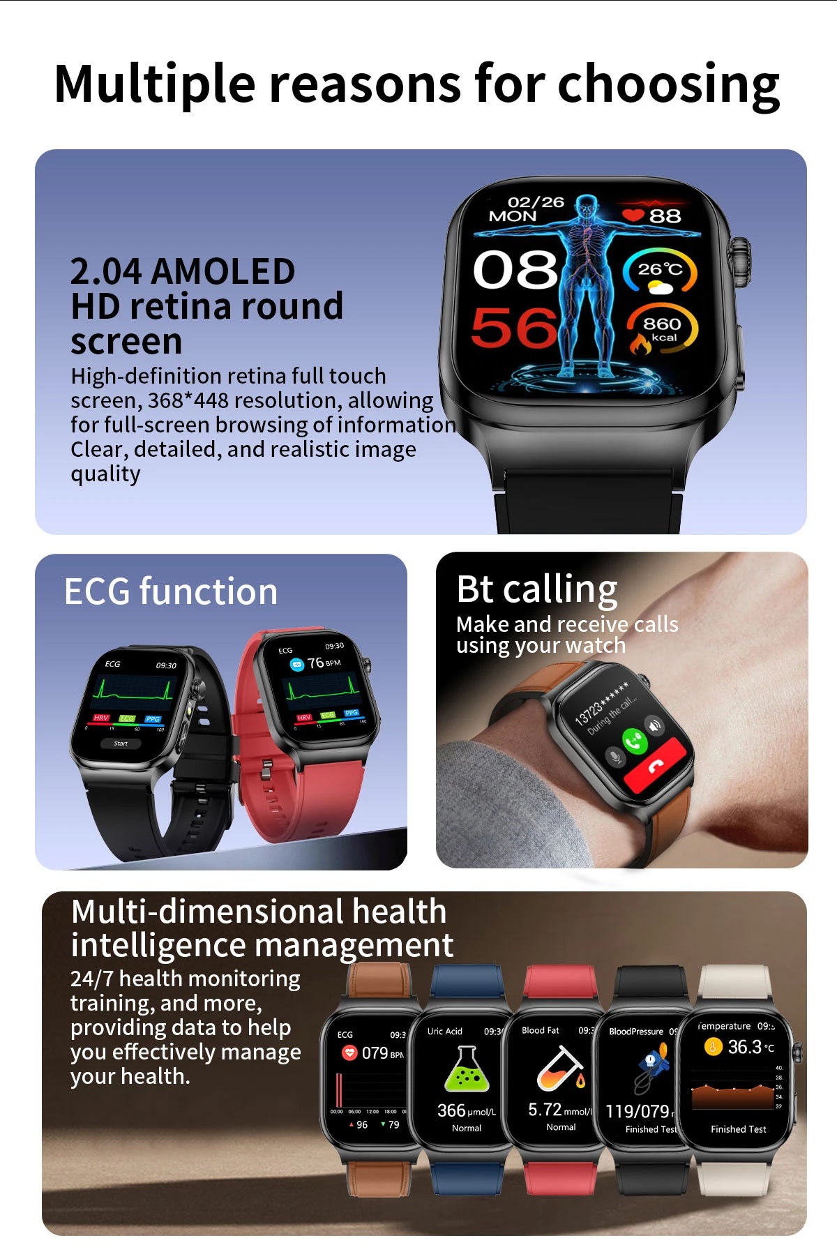 2026New Smart Watch Men Women AI Human Health diagnosis ECG+HRV Blood Pressure Uric acid Blood lipid Bluetooth Call Smartwatch