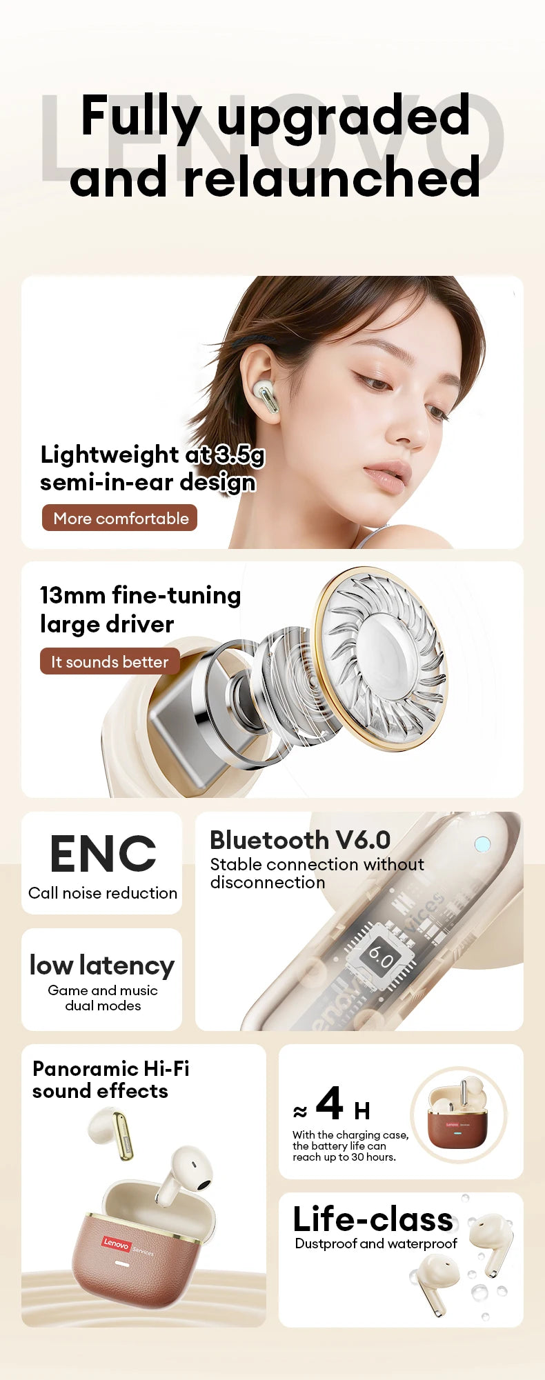 Lenovo LE230 Wireless Bluetooth 6.0 Earphones In-Ear High Sports Headphones Long Endurance Gaming Esports Earbuds 2026 New Model