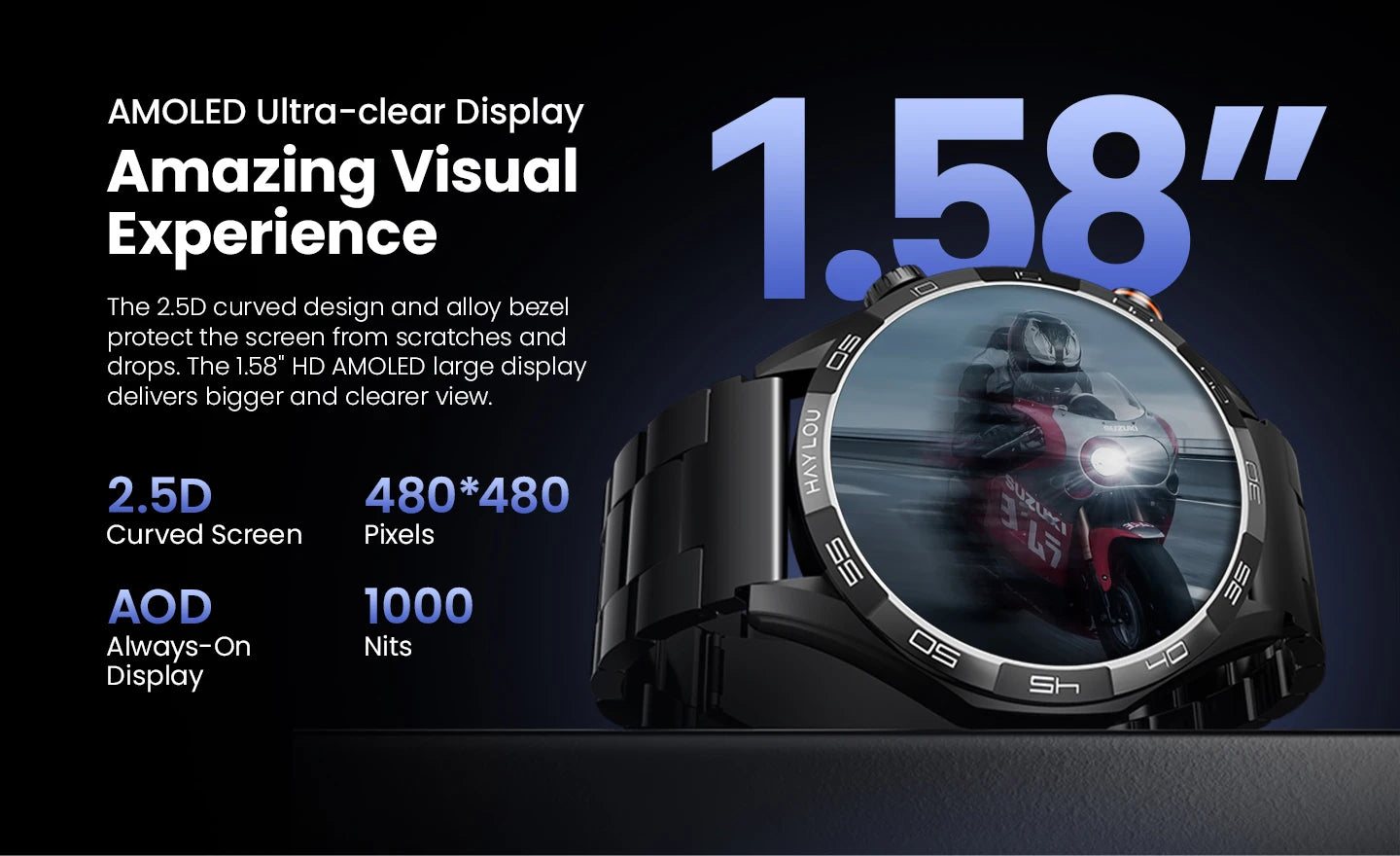 HAYLOU Solar 5 Smartwatch 1.58'' AMOLED Display 60Hz Refresh Rate 24H Health Monitoring Voice Calling 100+ Sports Modes Black/Silver