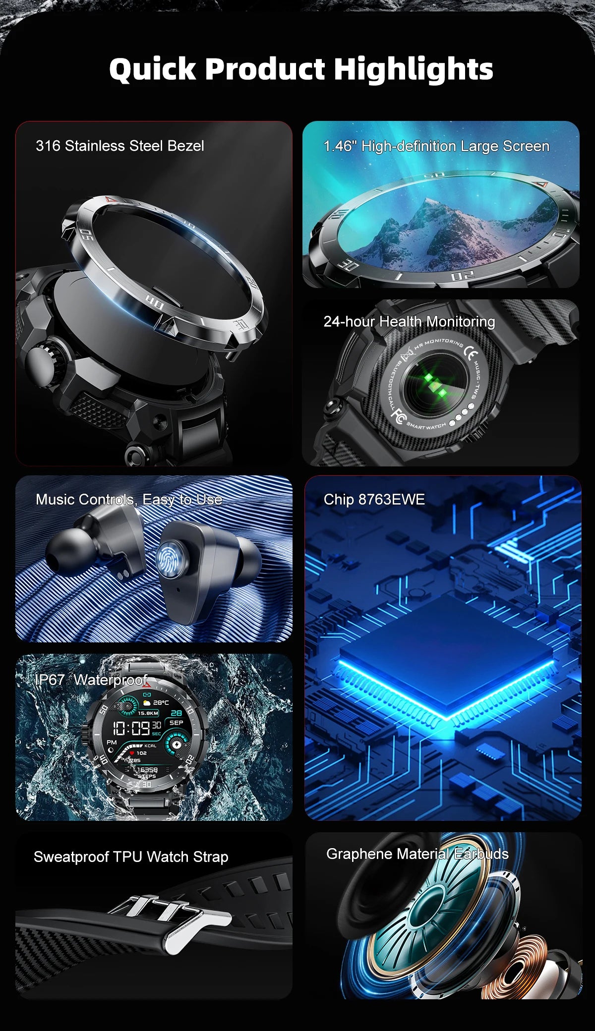 New 3 in 1 Smart Watch for Men With TWS Headset Rugged Military Bluetooth Call Fitness Tracker IP67 Waterproof for Android iOS