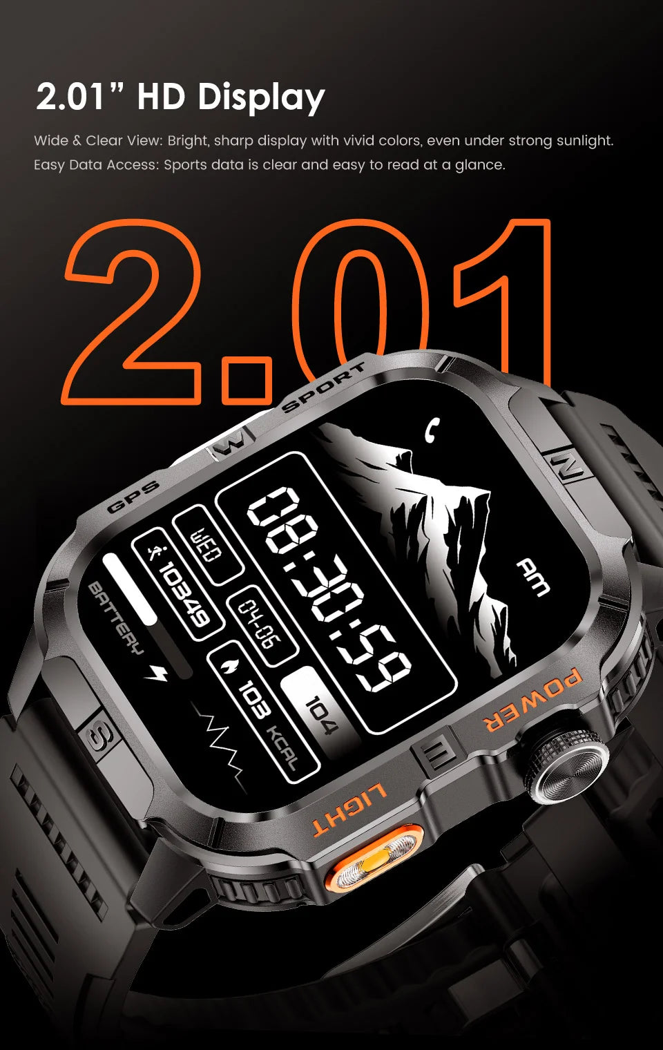 2.01-HD AMOLED GPS Smart Watch 3ATM Waterproof Built-in Dual-band GNSS Altitude Compass Military Sport Smartwatch Men 2025 New