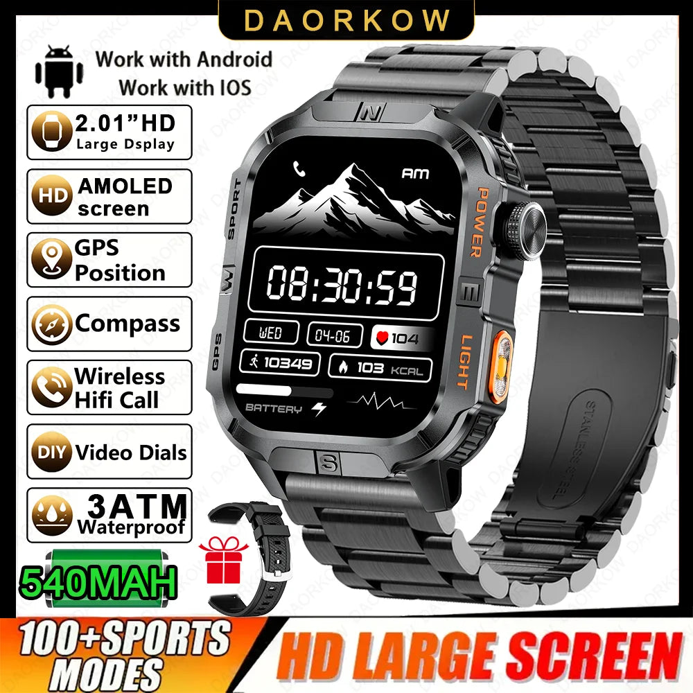 2.01-HD AMOLED GPS Smart Watch 3ATM Waterproof Built-in Dual-band GNSS Altitude Compass Military Sport Smartwatch Men 2025 New