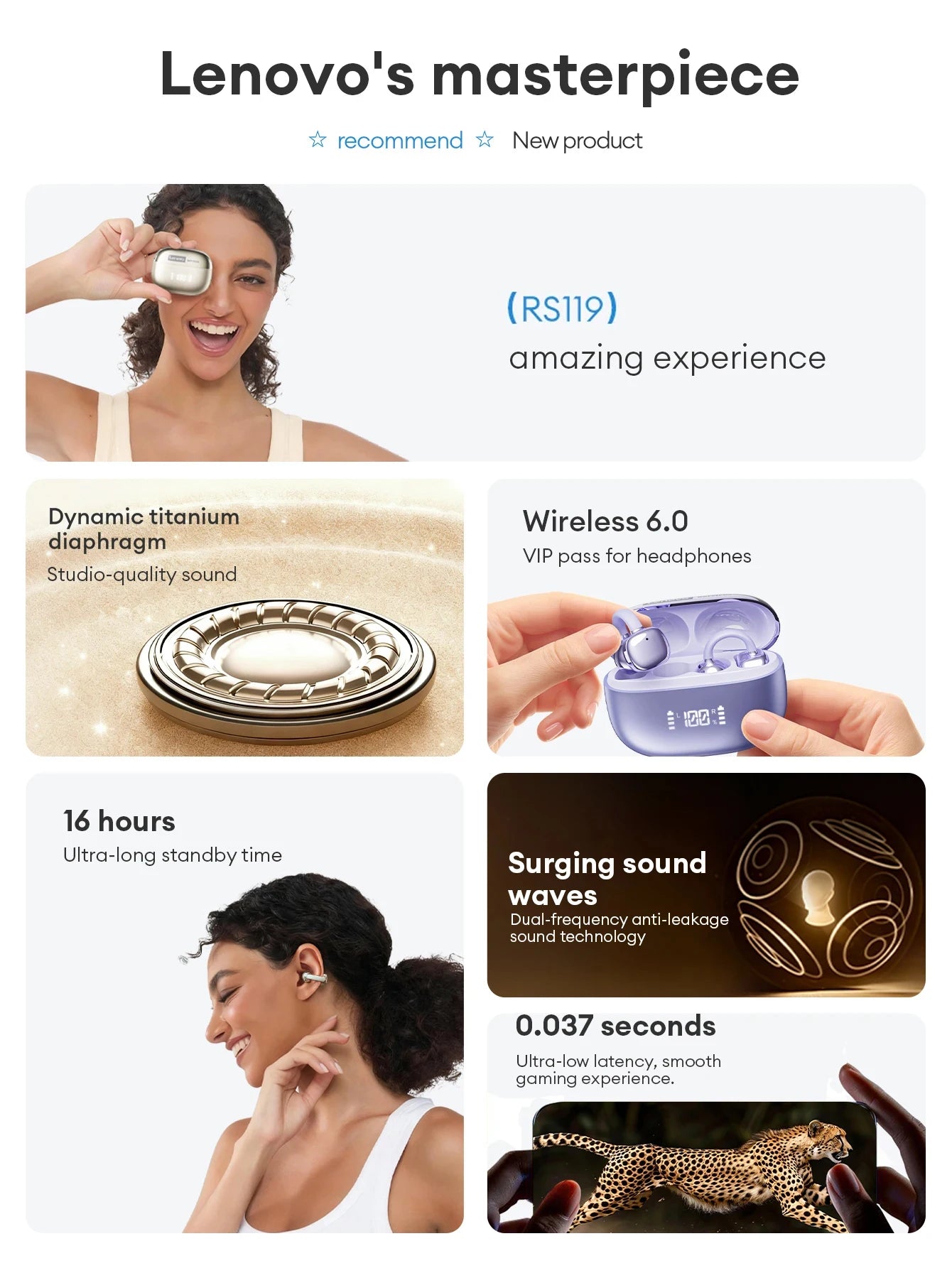Lenovo Open Ear Wireless Earbuds Bluetooth 6.0 Comfort Clip On Gaming Sports Earphones LED Digital Power Display RS119 Pro