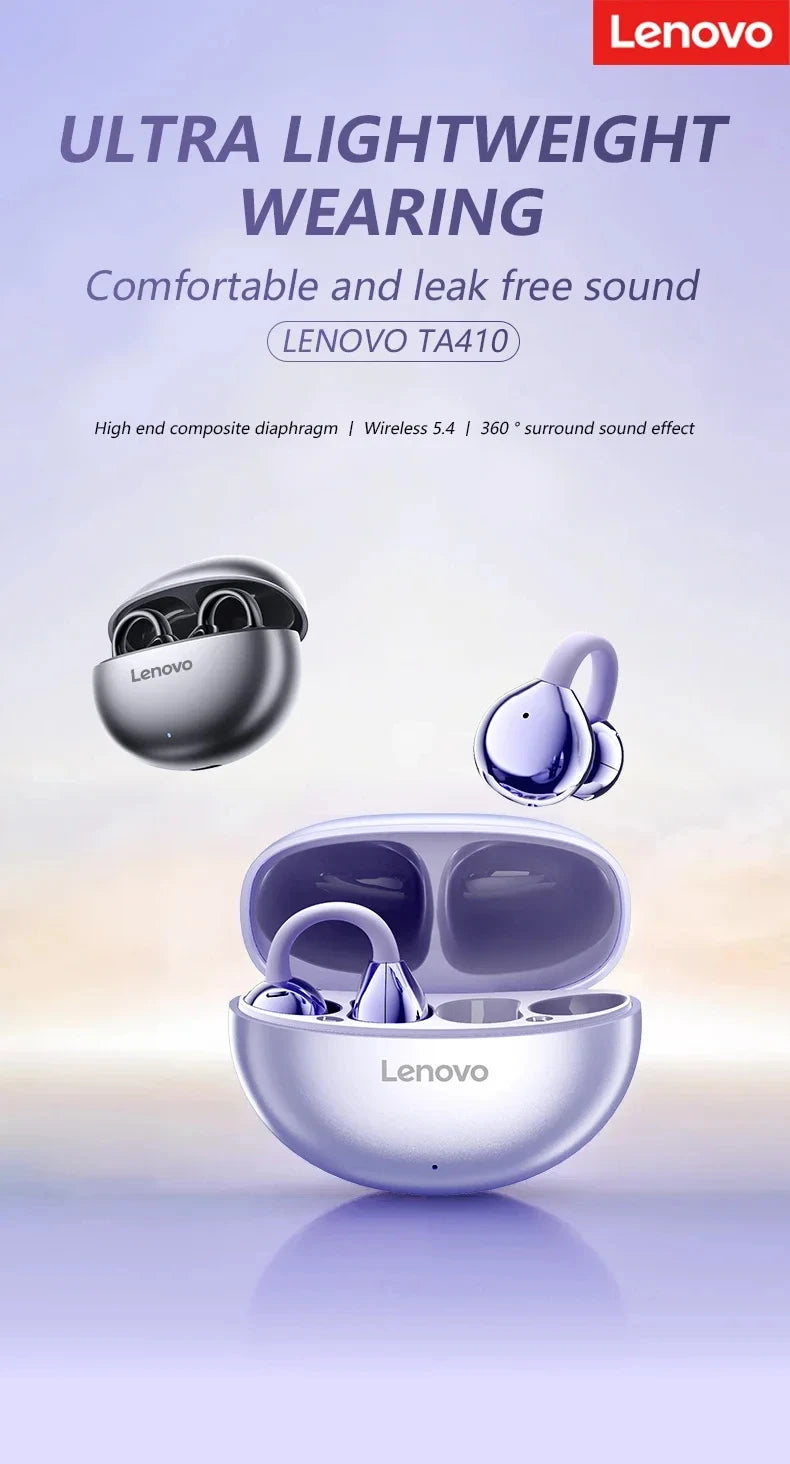 Original Lenovo TA410 TWS Panoramic Sound Effects Wireless Earbuds Ear Clip Bone Conduction With Mic Bluetooth 5.4 Headphones