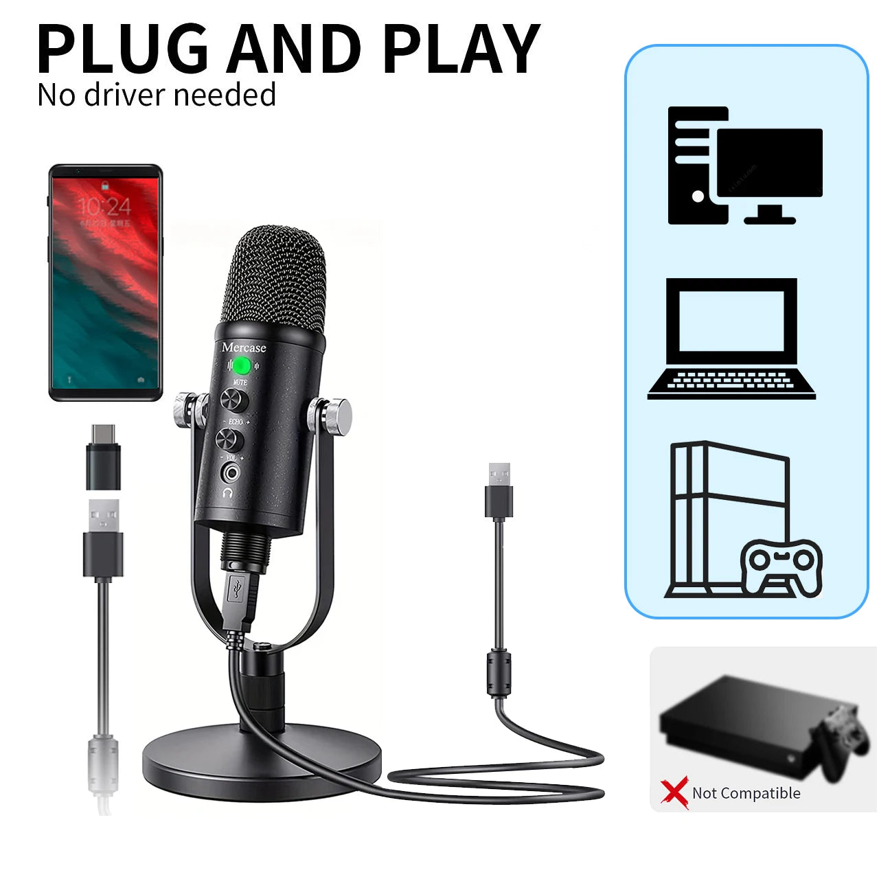 Mercase USB Condenser Microphone – Plug & Play Cardioid Mic with Mute Button for PC, Phone, PS4 & PS5, Recording & Streaming.