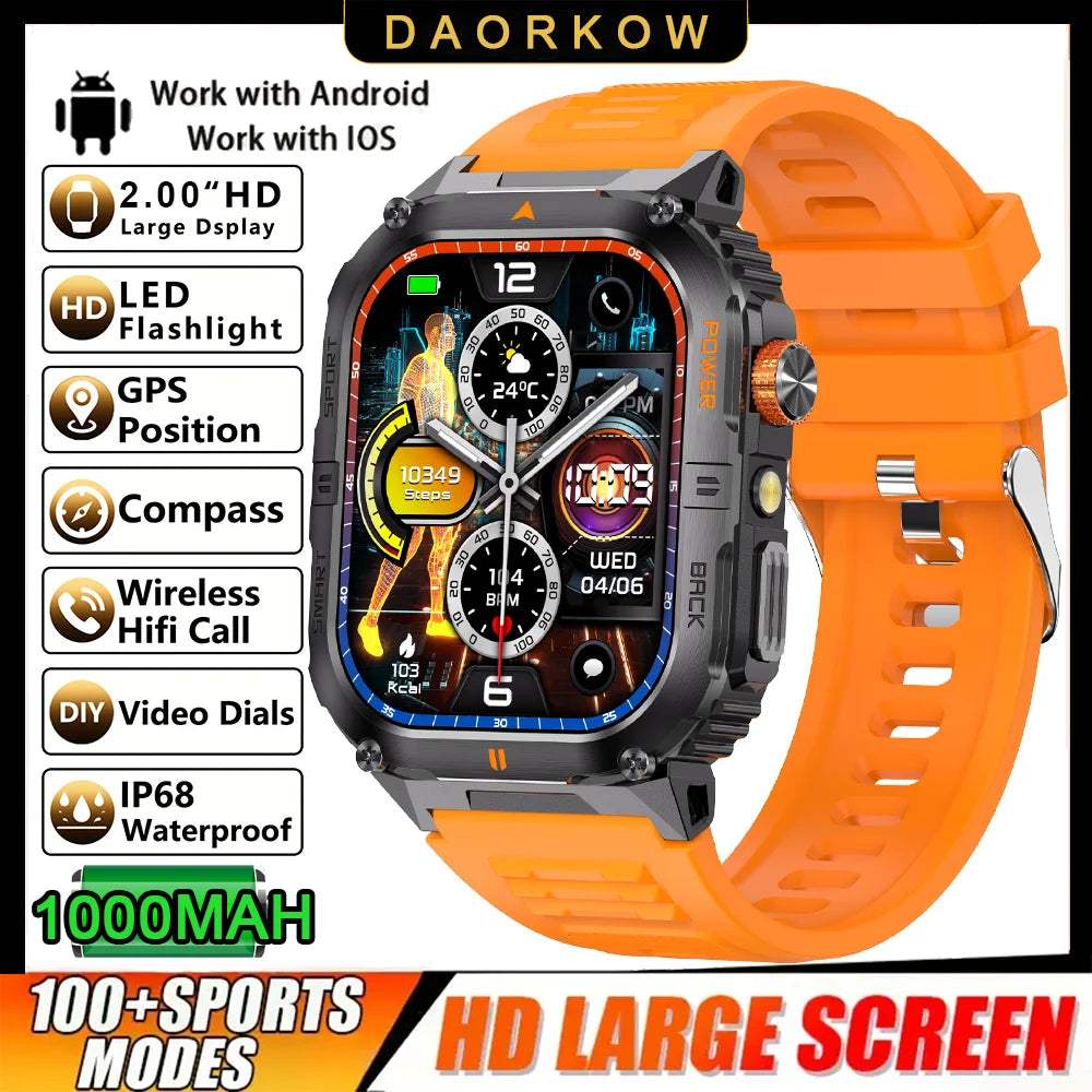 New 1000mAh military outdoor smartwatch for men, LED flashlight, IP68 waterproof, GPS sports, 2.01-inch Bluetooth call smartwatc