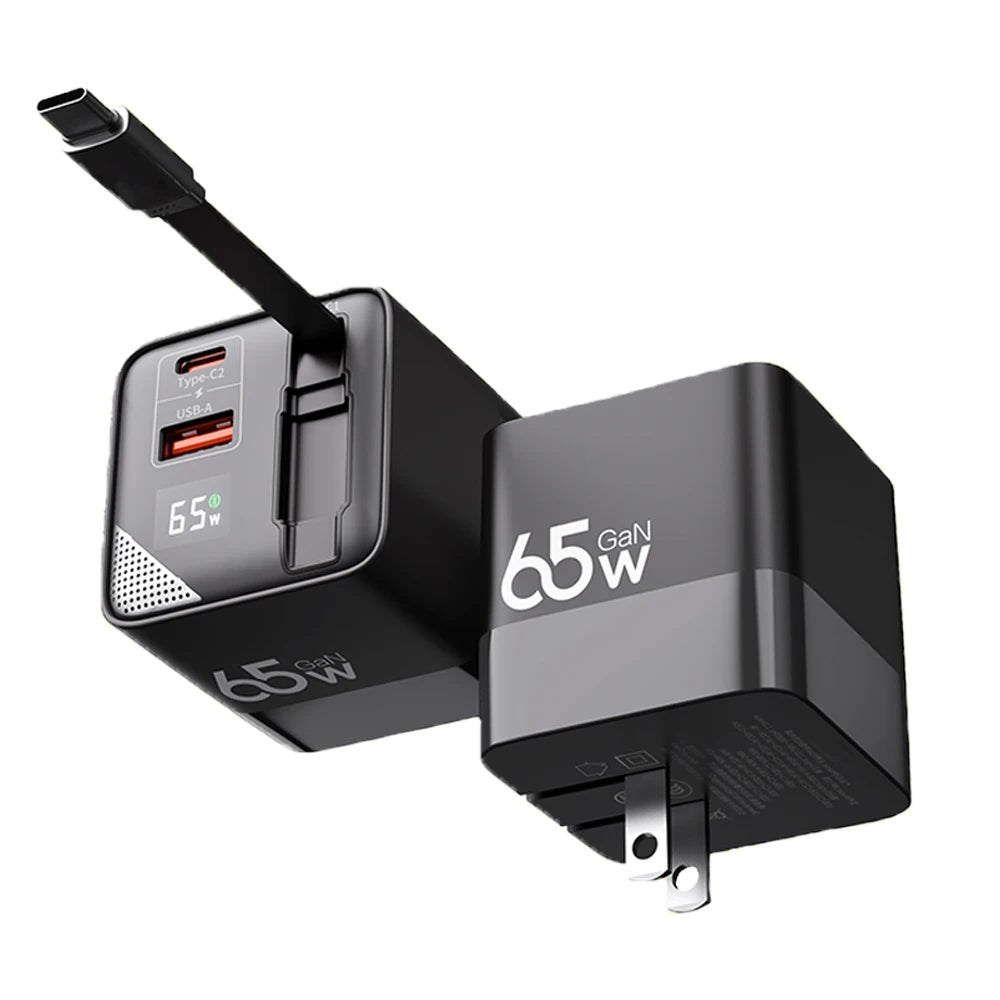 CrownQu 65W GaN Fast Charger with Retractable Type-C Cable