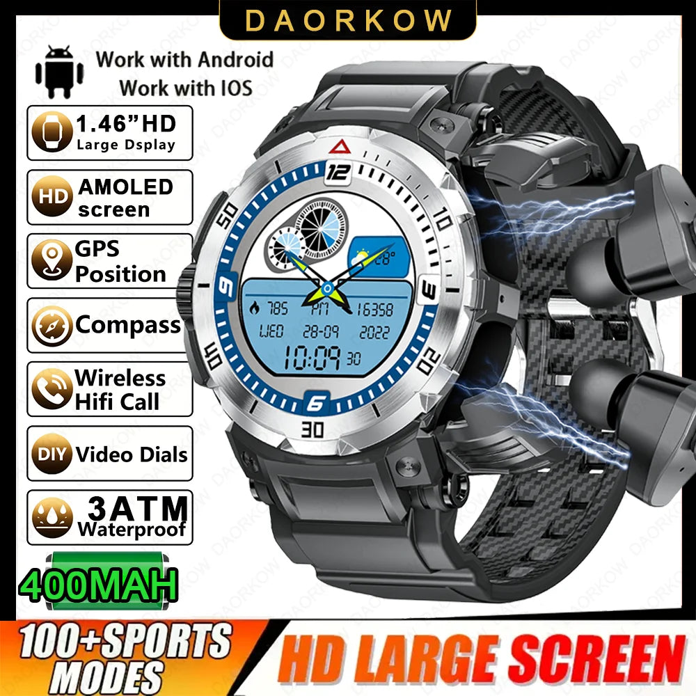 New 3 in 1 Smart Watch for Men With TWS Headset Rugged Military Bluetooth Call Fitness Tracker IP67 Waterproof for Android iOS