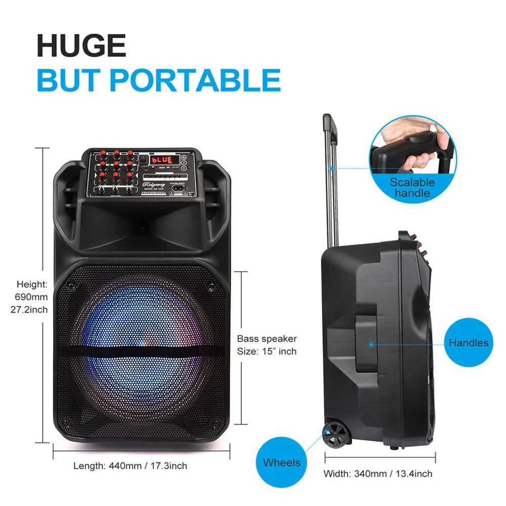 9000W Portable Bluetooth Speaker with 15' Subwoofer Heavy Bass Party System - AUX LED Light & Mic High Quality Karaoke Speaker