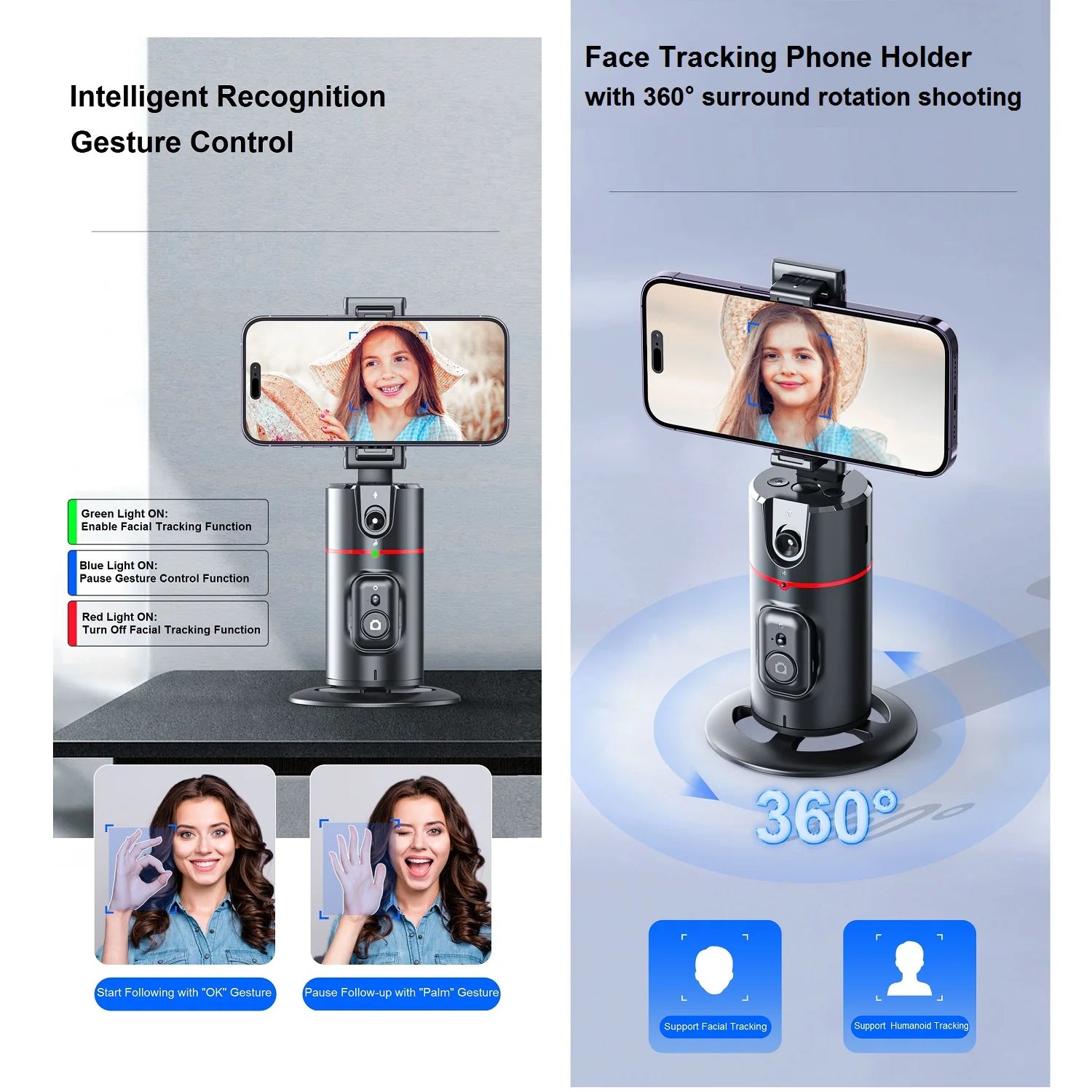 AI Auto Face Tracking Tripod for Smartphones with 360° Rotation