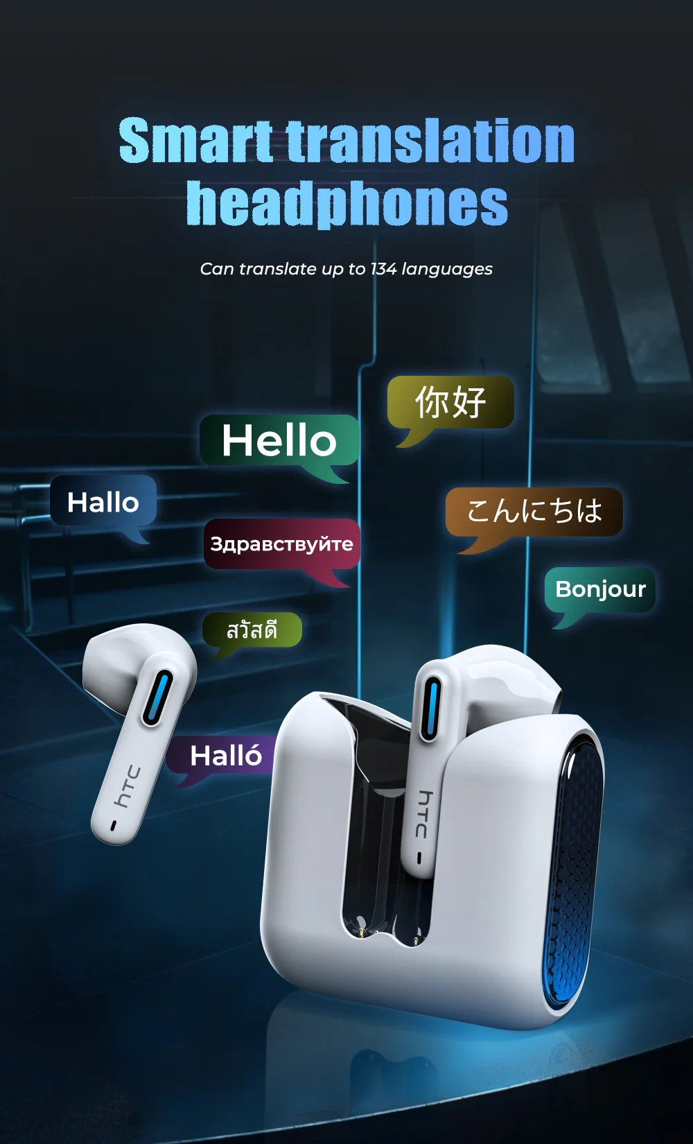 HTC NE49 TWS Wireless Earbuds Bluetooth AI Translator ENC Noise Cancelling 40H Battery Touch Control Stereo Sports Headphones