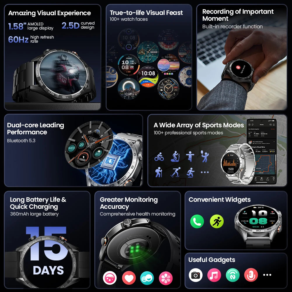 HAYLOU Solar 5 Smartwatch with 1.58'' AMOLED Display 60Hz Refresh Rate 24H Health Monitoring Voice Calling Sports Modes for Men Black/Silver