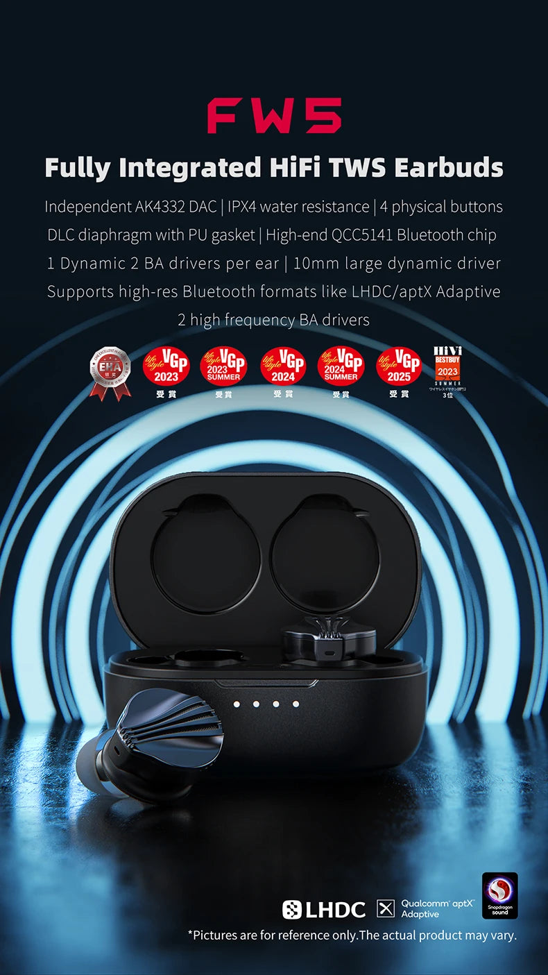 FiiO FW5 TWSWireless Bluetooth LHDC/aptX adaptive Earphones Sport Stereo HiFi Music Earbuds 10mm Dynamic Driver Earphone