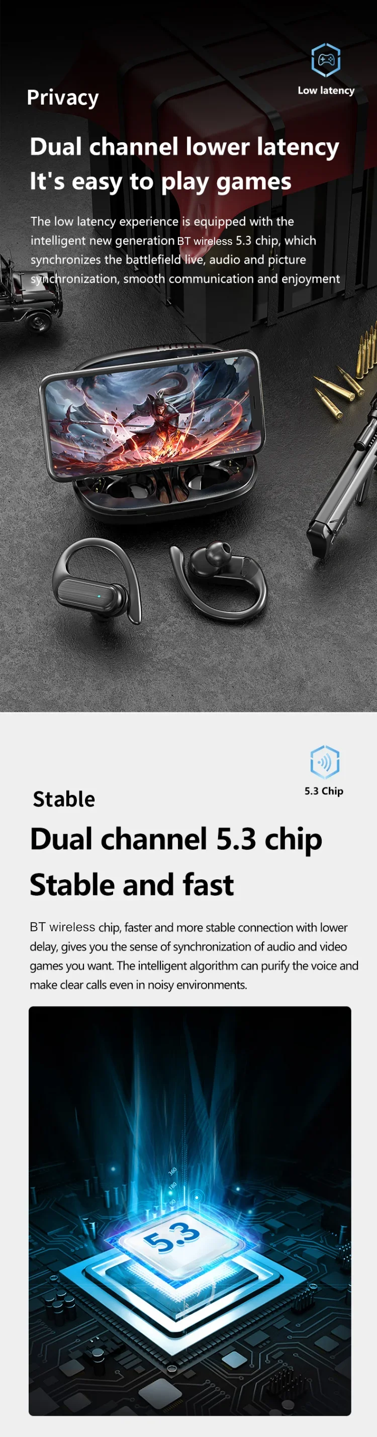 For CB&JBL Bluetooth TWS Wireless Earphones A520 Auricles Headphones EarHooks Game Headset Sports Touch Control Earbuds with mic