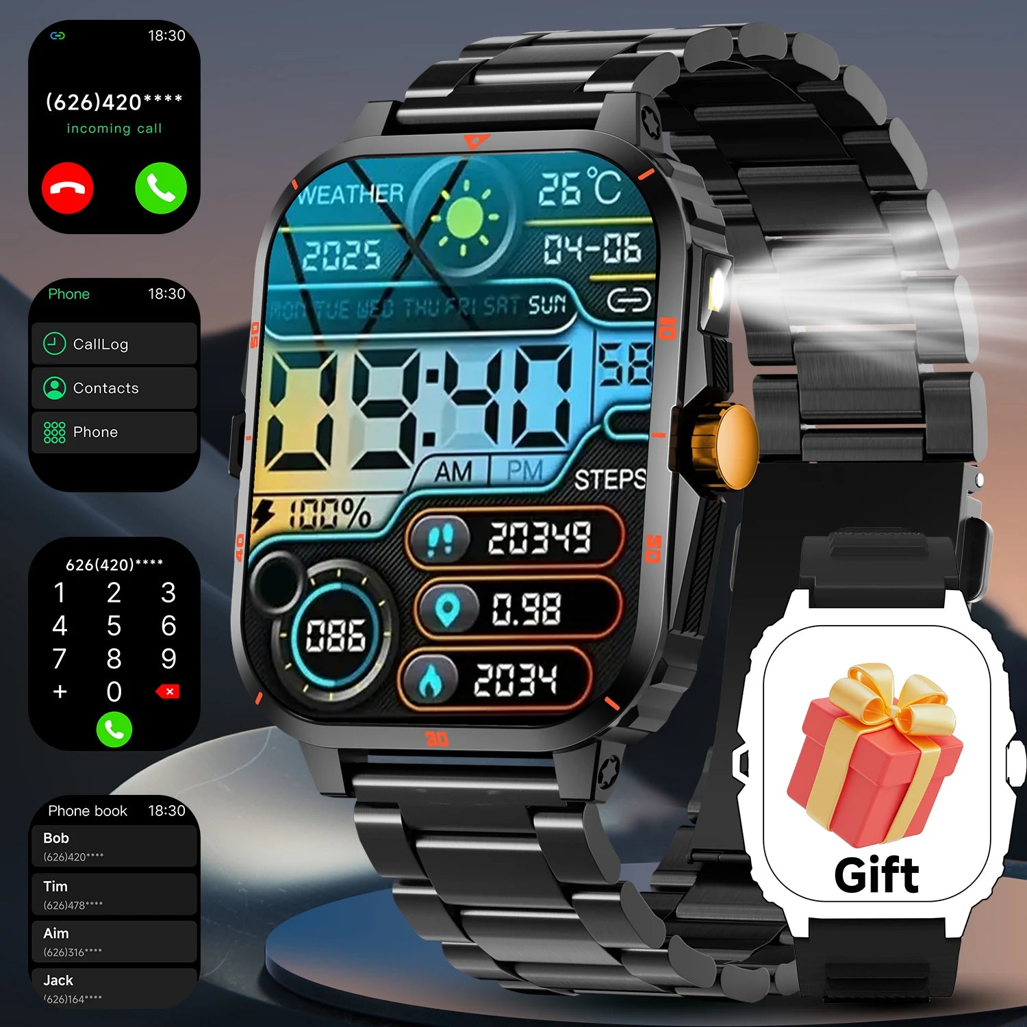 2025 NEW Military Smartwatch 2.01'' HD Screen Bluetooth Call Waterproof Outdoor Sports Fitness Tracker for Android/iOS Men
