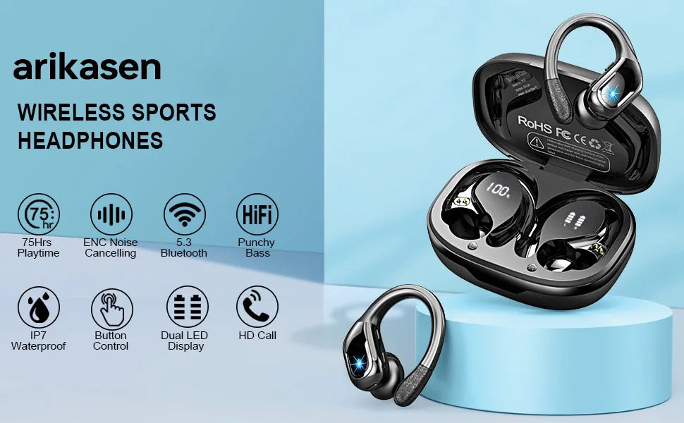 75Hrs Bluetooth 5.3 Earphones IP7 Waterproof Wireless Headphones with ENC Noise Cancelling Mic Deep Bass For Sports Workout Gym