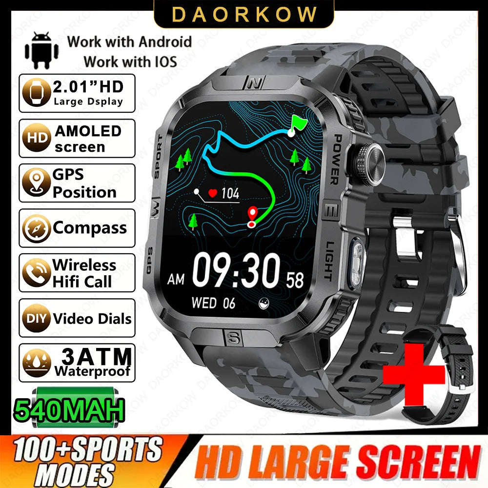 2.01-HD AMOLED GPS Smart Watch 3ATM Waterproof Built-in Dual-band GNSS Altitude Compass Military Sport Smartwatch Men 2025 New