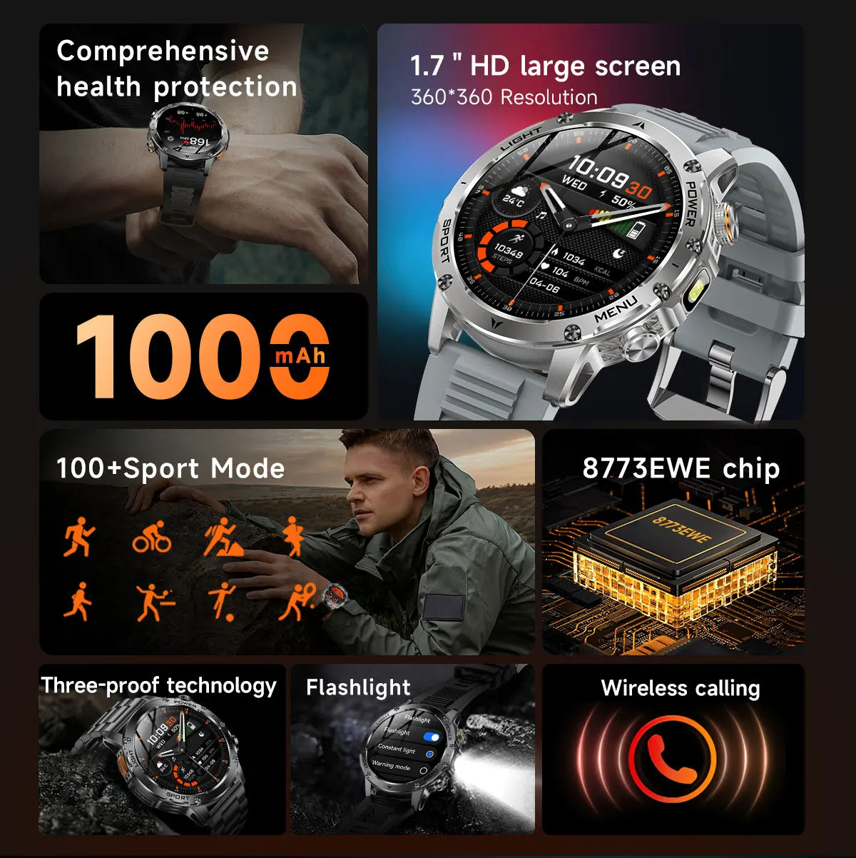 2026 New TREX3 1000mAh Large Battery Durable Adult Smart Watch Sports Fitness Waterproof LED Flashlight Call Smartwatchs For Men