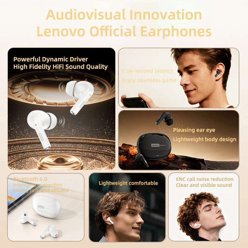 Lenovo Headphones TWS Wireless Bluetooth 6.0 HiFi Sound ENC Call Noise Reduction Earphones Gaming Sports Headset With Mic New